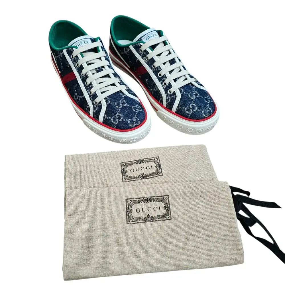 Gucci Tennis 1977 Blue Denim GG Supreme Web Stripe Low Top Sneaker Size 41 US 11